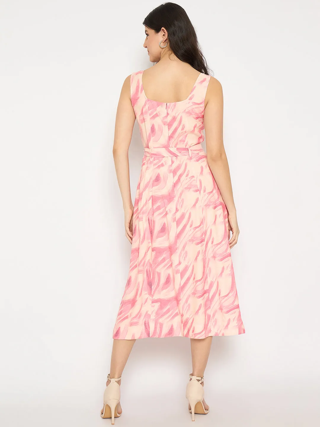 Madame Printed Sleeveless Pink Midi Dress