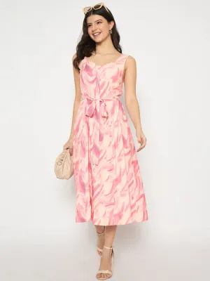Madame Printed Sleeveless Pink Midi Dress