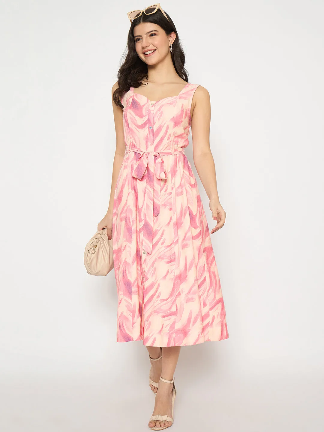 Madame Printed Sleeveless Pink Midi Dress