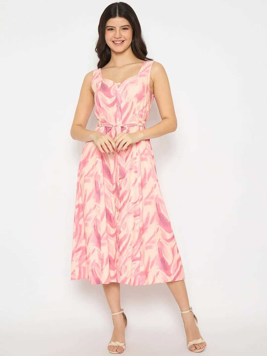 Madame Printed Sleeveless Pink Midi Dress