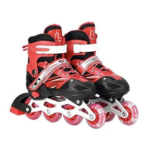 MRUD Adjustable Inline Skating Sports Shoes for Childrens Comfertable Roller Skate for Outdoor Fun with Roller Skates for 5 to 16 Yrs Boys and Girls with Red Color