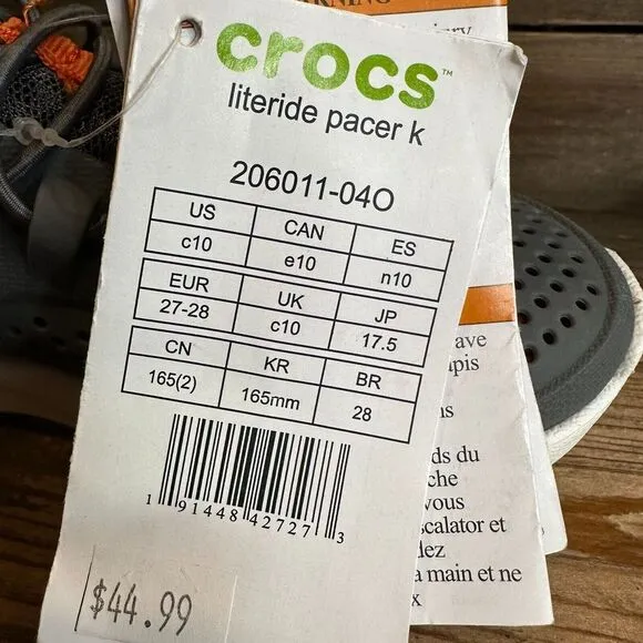 New Kids Crocs Lite Ride Pacer Gray Athletic Casual Sneakers Shoes Size 10‎ C