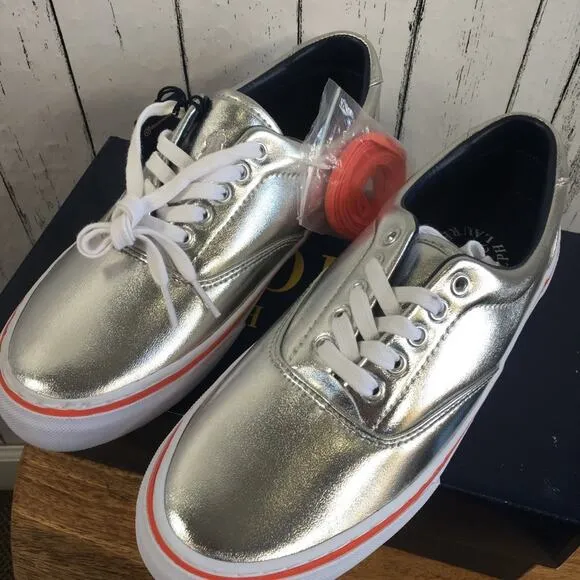 Polo Ralph Lauren Men's Silver Metallic Thorton Sneakers Size 8