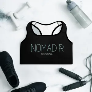 "NOMAD'R- BLACK/AQUA" Padded Sports Bra