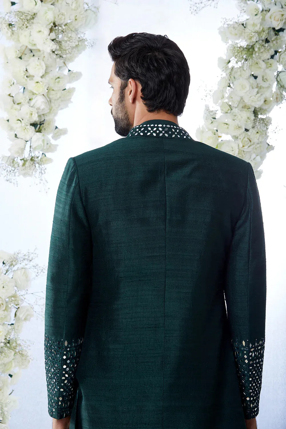 SG Emerald Green Mirror Open Sherwani Set