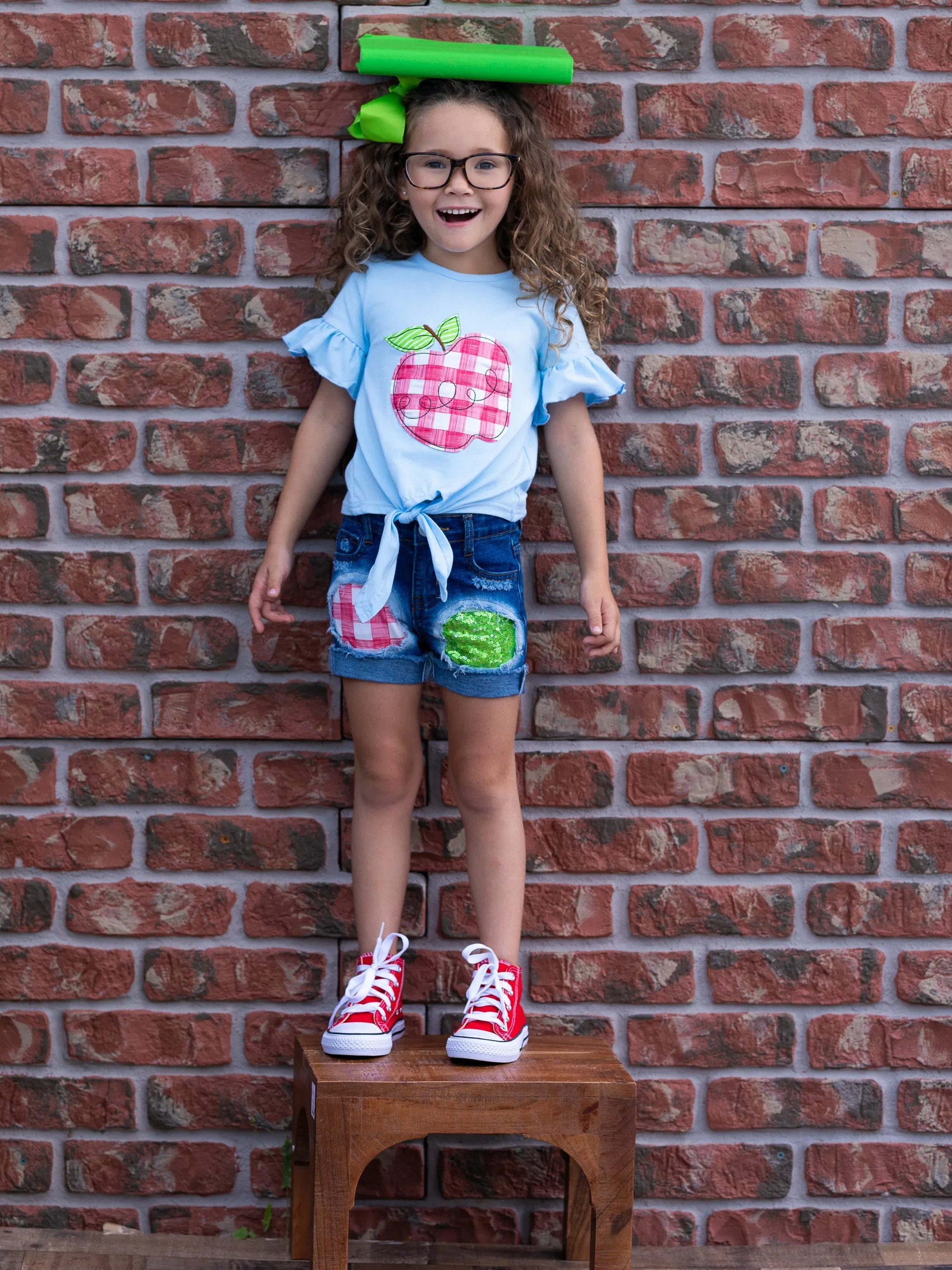Smart Apple Sparkly Patched Denim Short Set