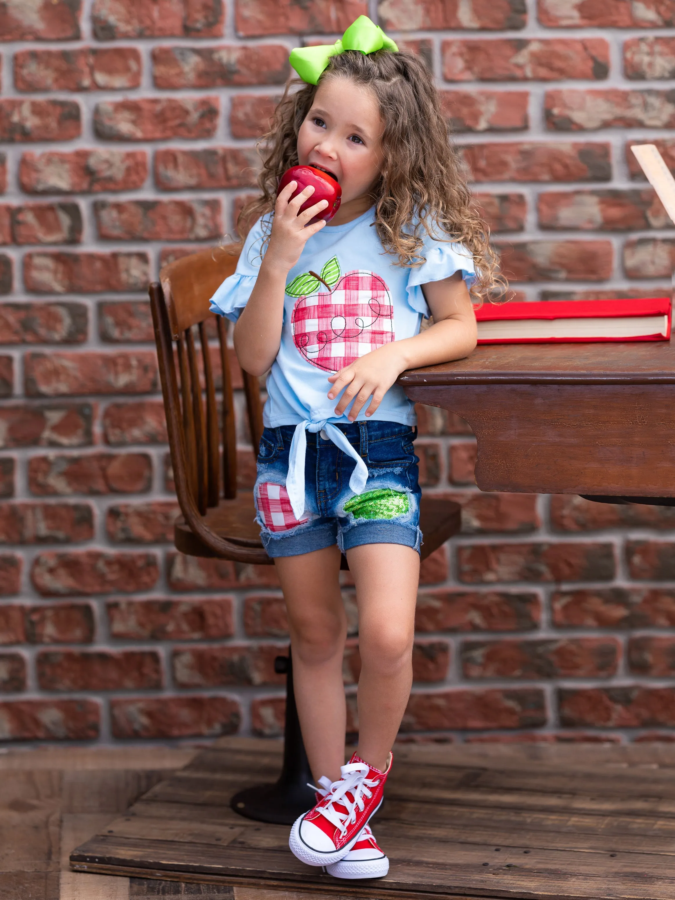 Smart Apple Sparkly Patched Denim Short Set