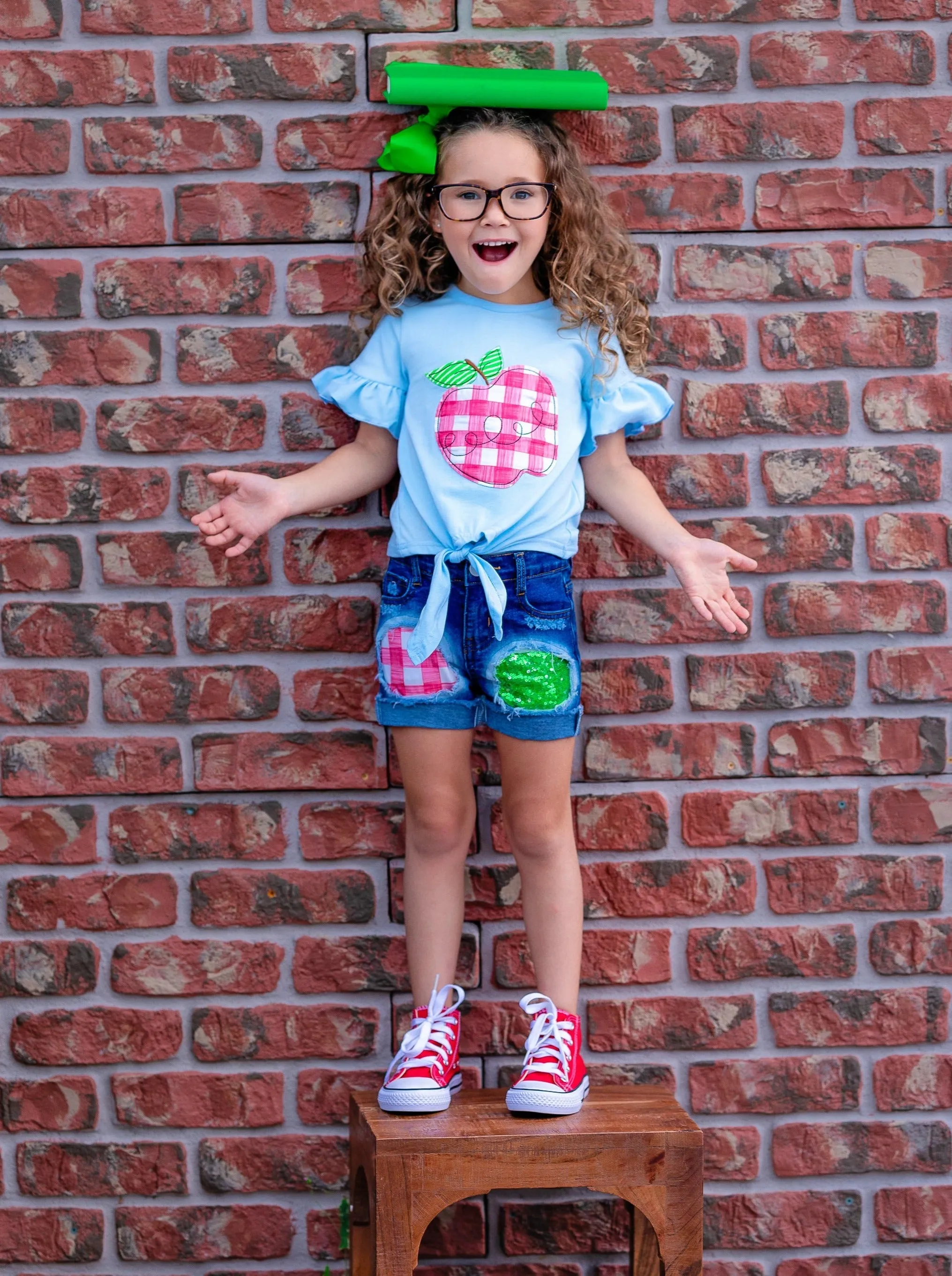 Smart Apple Sparkly Patched Denim Short Set
