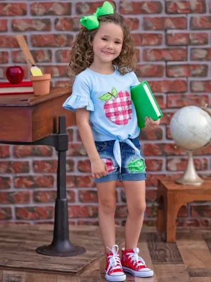 Smart Apple Sparkly Patched Denim Short Set