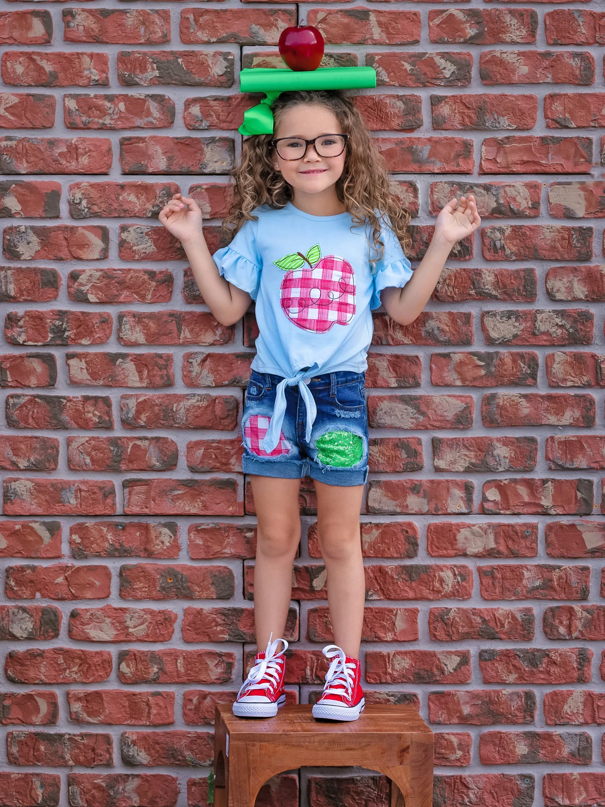 Smart Apple Sparkly Patched Denim Short Set