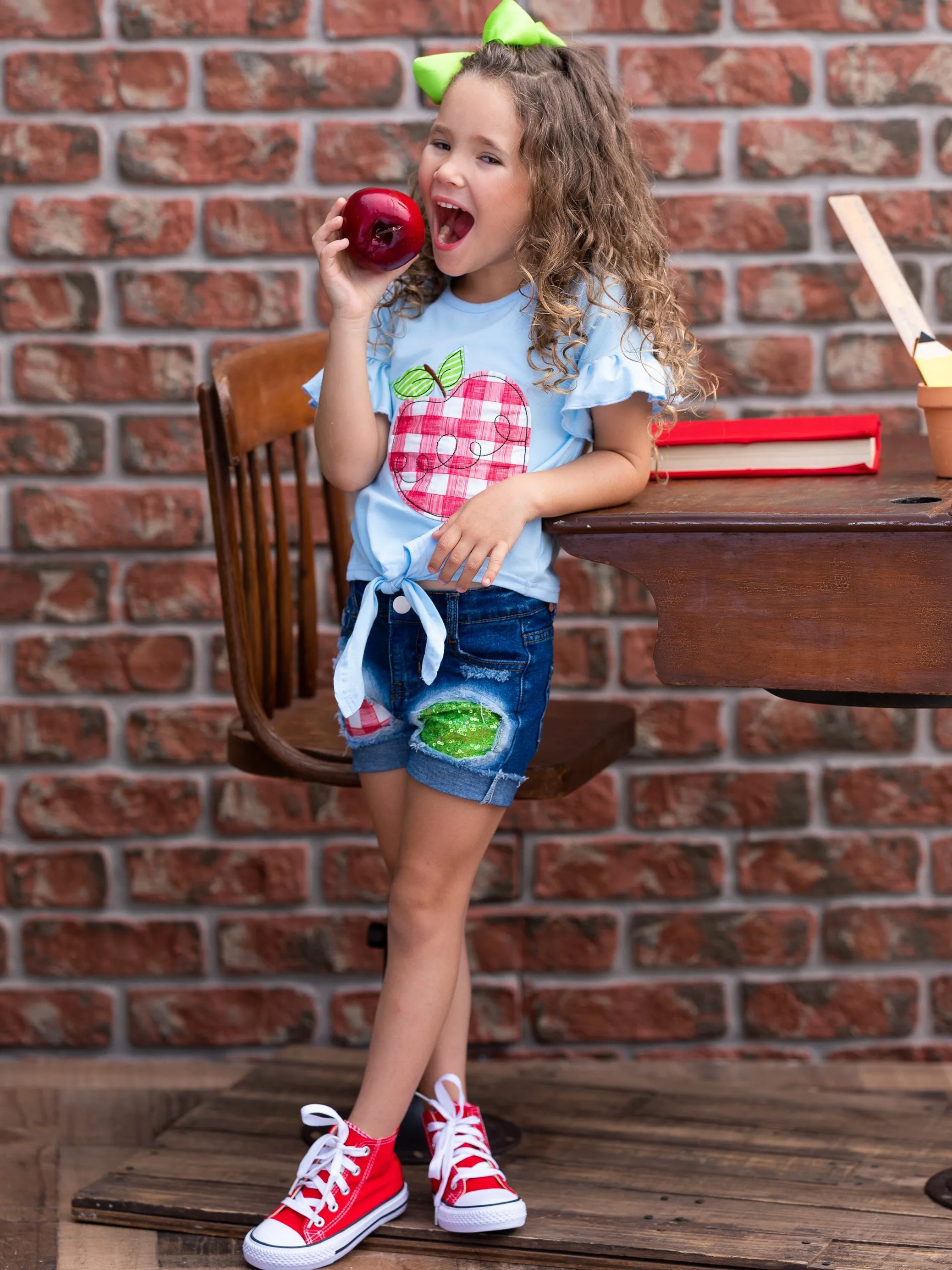 Smart Apple Sparkly Patched Denim Short Set