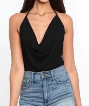Swanky Draped Neck Bodysuit Black