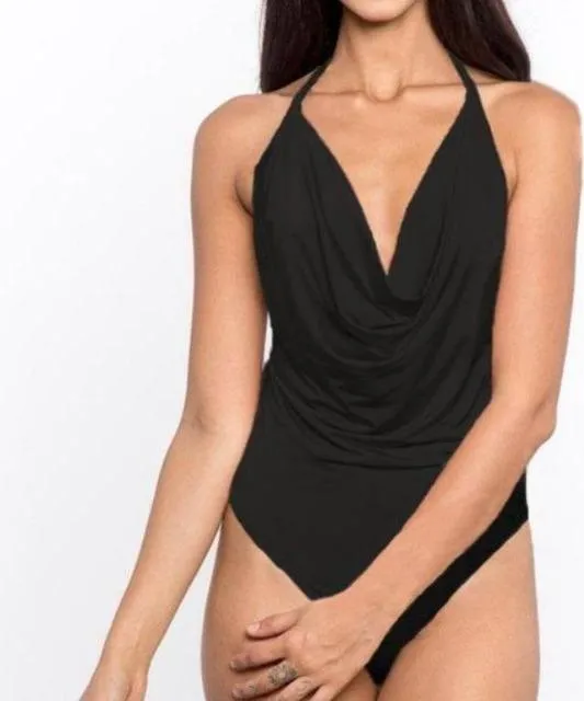 Swanky Draped Neck Bodysuit Black