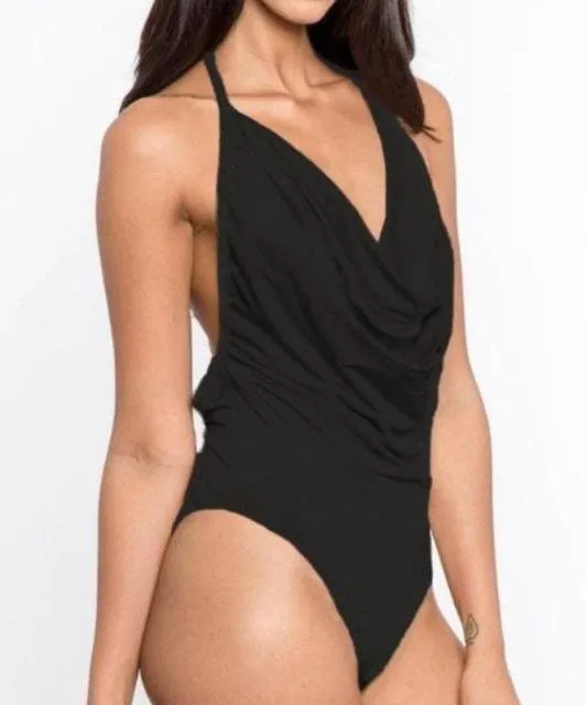 Swanky Draped Neck Bodysuit Black