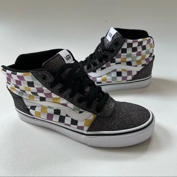 Vans High Top Sneakers Glitter Rainbow Buffalo Check Size 9
