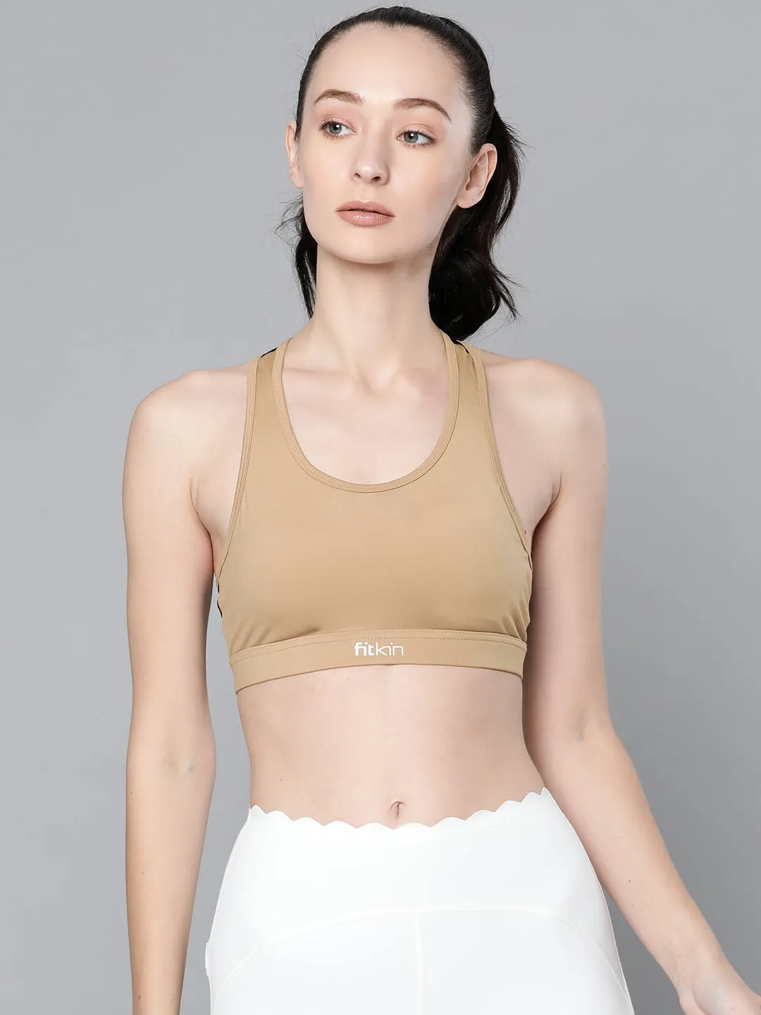 Women's Adjustable Cross Back  Beige Sports Bra